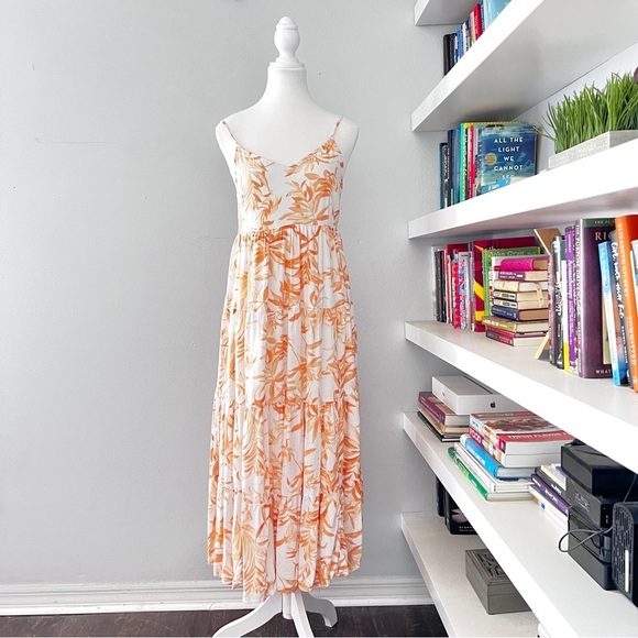 Abercrombie & Fitch Orange Linen Blend Tropical Leaf Print Maxi Dress Small - Picture 3 of 14